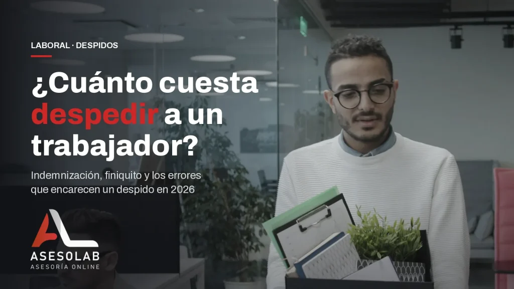 Trabajador sale de la oficina con una caja de sus pertenencias, junto al titular sobre cuánto cuesta despedir a un empleado