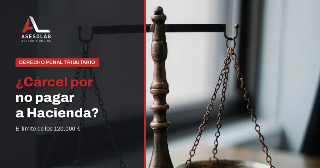 Delito fiscal: balanza de la justicia y mazo, cárcel por no pagar a Hacienda