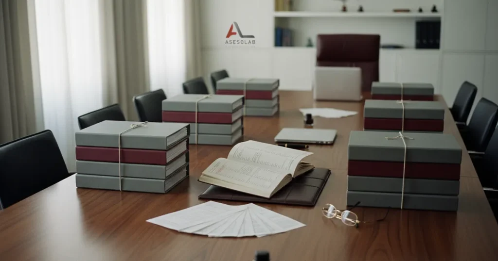 Sala de reuniones de una empresa con archivadores y libros contables preparados para una inspección de Hacienda