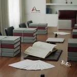 Sala de reuniones de una empresa con archivadores y libros contables preparados para una inspección de Hacienda