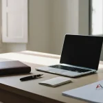 Escritorio en una vivienda en España con portátil, documentación con el logo de Asesolab y una bandera de Estados Unidos